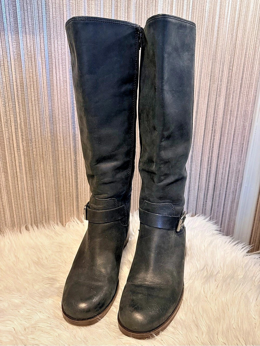 Lucky Brand Black Leather Knee High Riding Boots Buckle Women’s 7.5